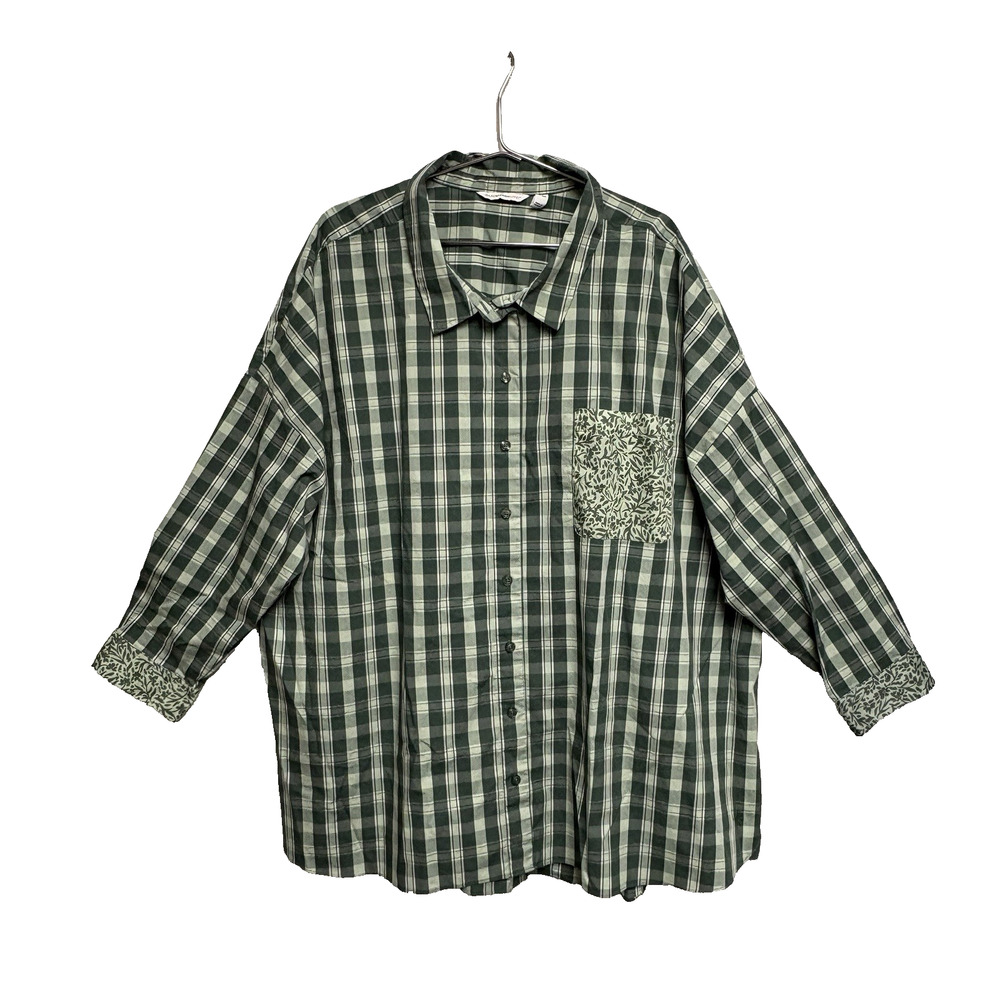 Isaac Mizrahi Green Plaid Floral Women's 3/4 Sleeve Button Shirt - Size 32W